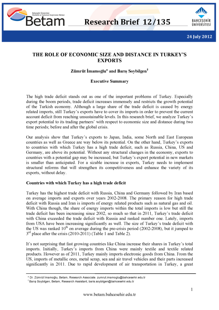 The role of economic size and distance in Turkey’s exports
