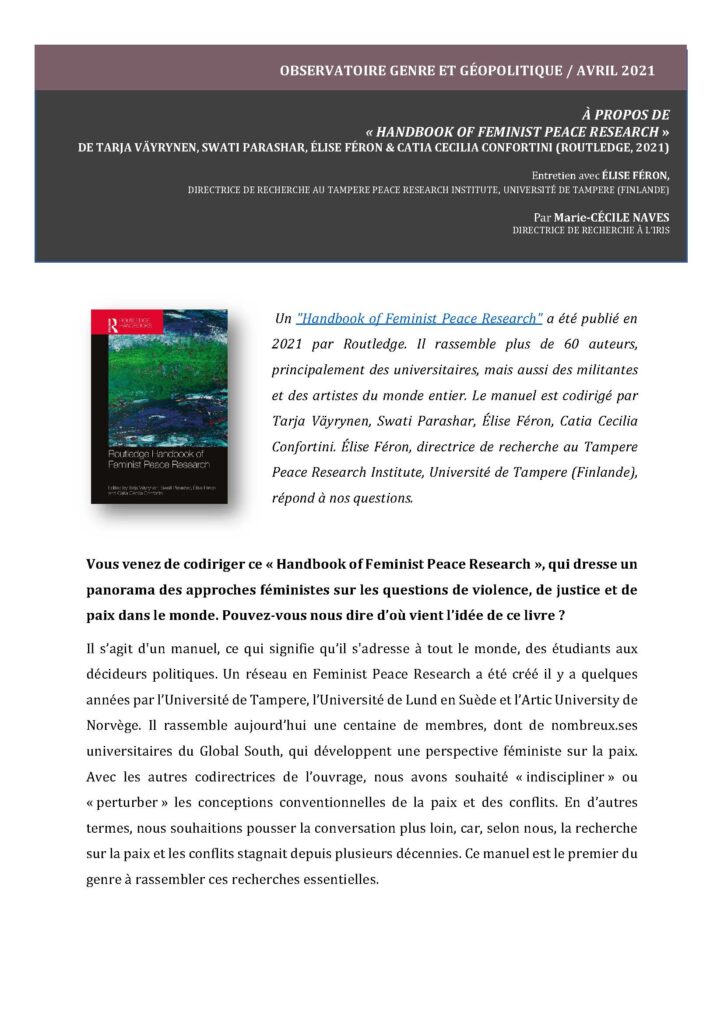 About “Handbook of Feminist Peace Research” by T. Väyrynen,S. Parashar, E. Féron & C. Confortini

