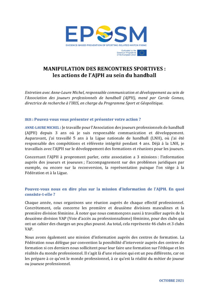 Manipulation des rencontres sportives : les actions de l’AJPH au sein du handball
