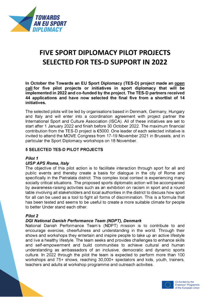 Five sport diplomacy pilot projects selected for TES-D support in 2022
