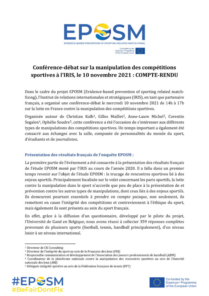 Conférence-débat sur la manipulation des compétitions sportives à l’IRIS, le 10 novembre 2021 : compte-rendu
