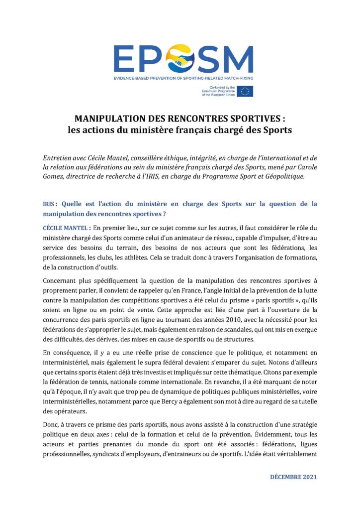 Manipulation des rencontres sportives : les actions du ministère français chargé des Sports
