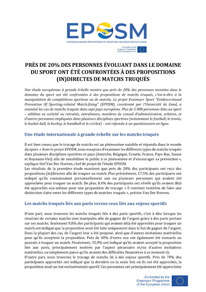 Près de 20% des personnes évoluant dans le domaine du sport ont été confrontées à des propositions (in)directes de matchs truqués