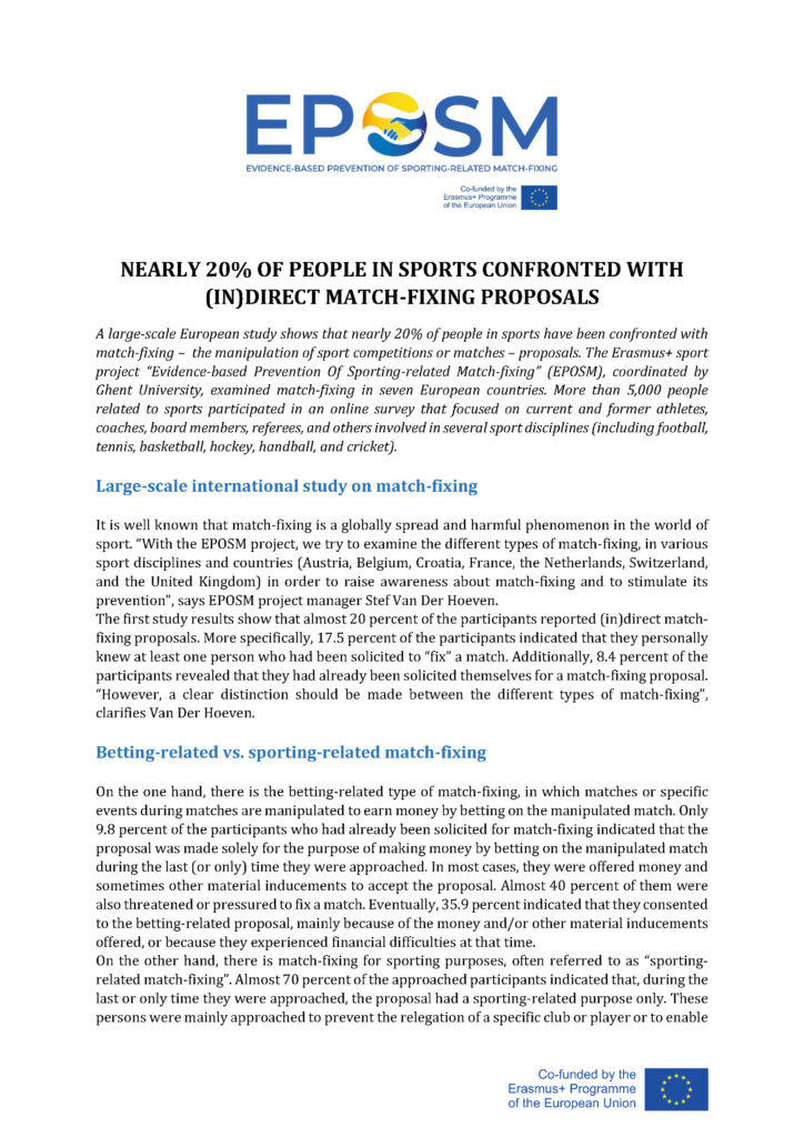 Nearly 20% of people in sports confronted with (in)direct match-fixing proposals
